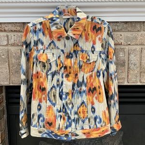 Chico’s western style denim jacket size 0, with patch and slit pockets. EUC